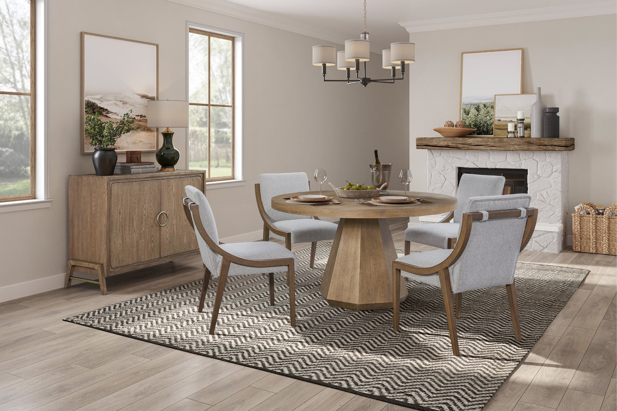 dining room set with latte round table, latte and grey fabric sling back chairs, and 2 door latte server